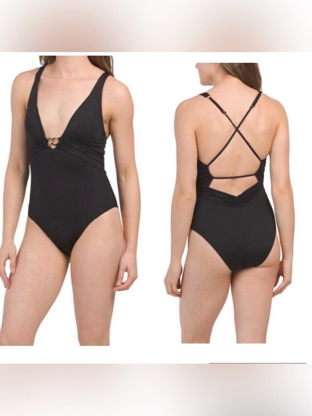 NEW TRINA TURK BLACK Monaco Gold Chain Plunge One Piece Swimsuit Sz 10